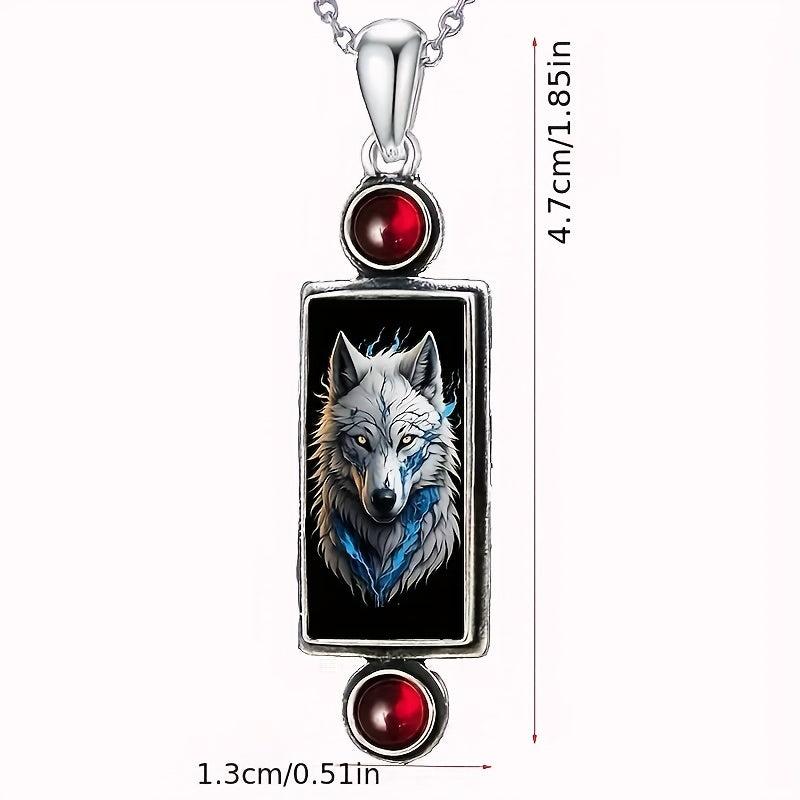 Gothic Wolf Pendant Necklace with Red Faux Gemstone Halloween Jewelry