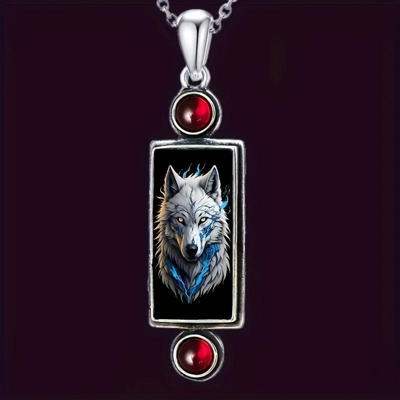 Gothic Wolf Pendant Necklace with Red Faux Gemstone Halloween Jewelry