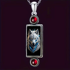 Gothic Wolf Pendant Necklace with Red Faux Gemstone Halloween Jewelry
