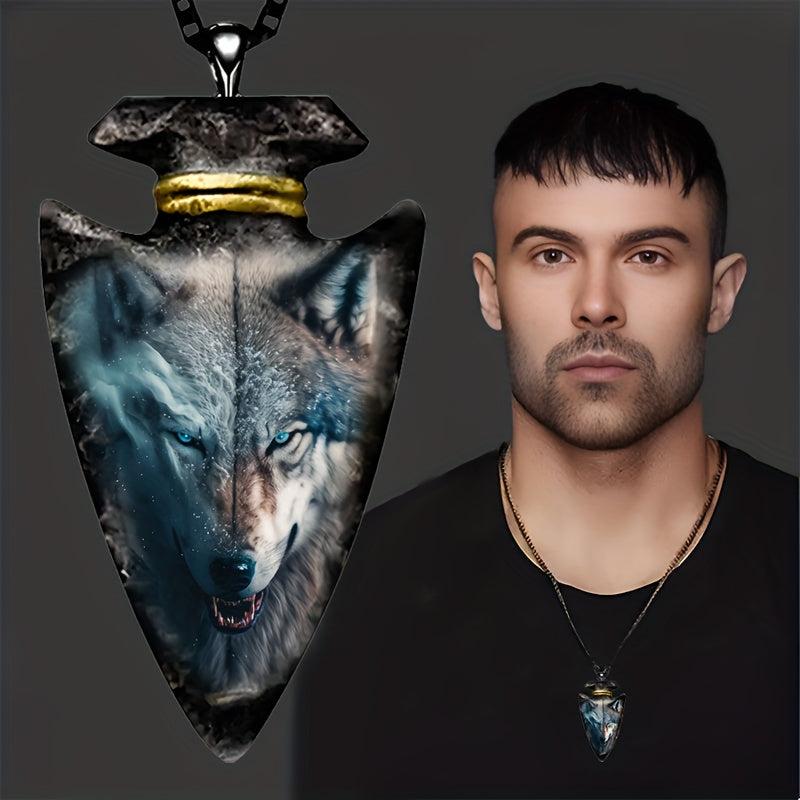 1pc Men's Punk Animal Pendant Triangle Wolf With Eyes Necklace Chain Necklace