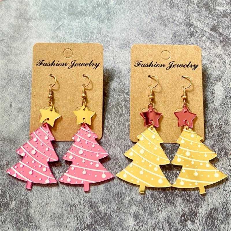 Colorful Christmas Tree Earrings Pink Yellow Studs For Women