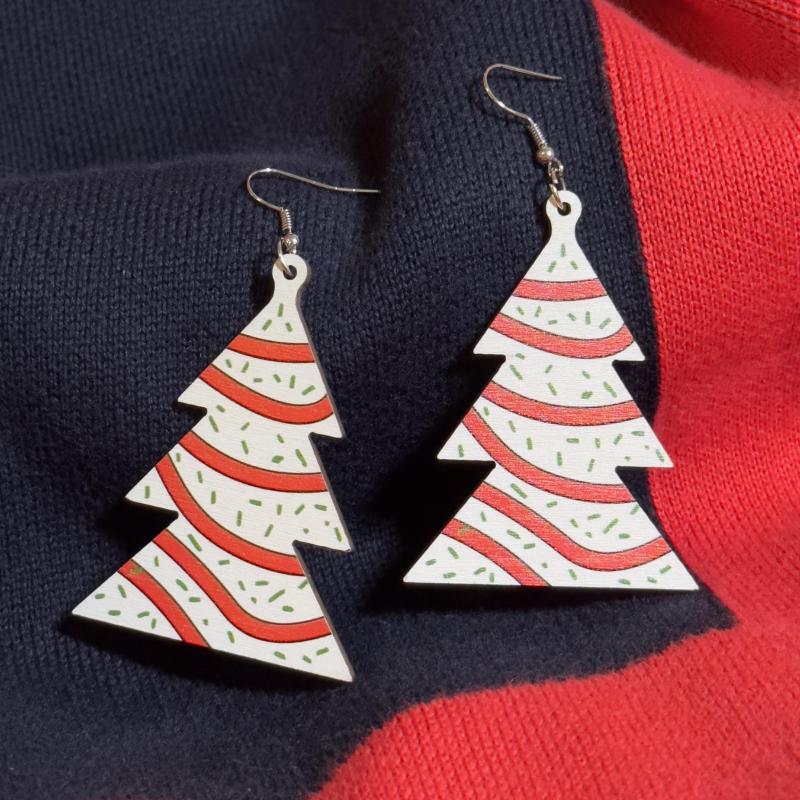 Christmas Tree Print Dangle Earrings Wooden Jewelry for Girls Women