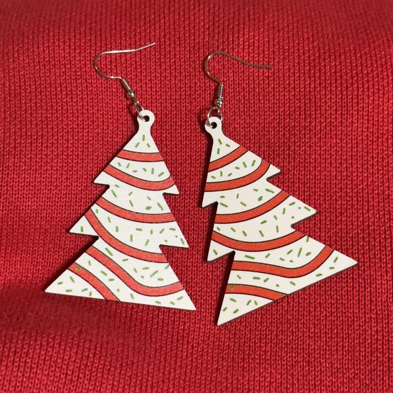 Christmas Tree Print Dangle Earrings Wooden Jewelry for Girls Women