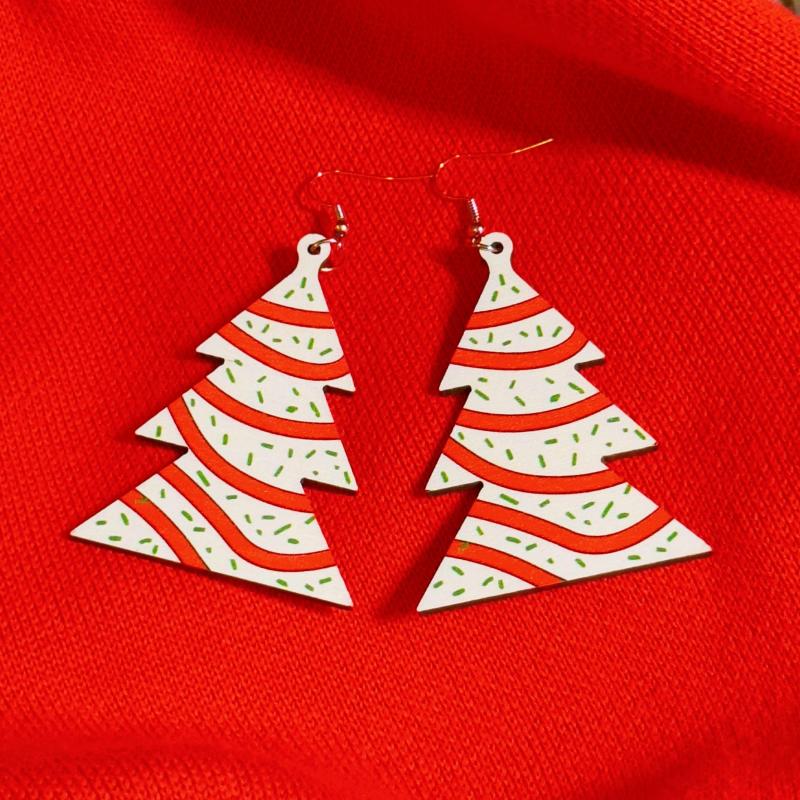 Christmas Tree Print Dangle Earrings Wooden Jewelry for Girls Women