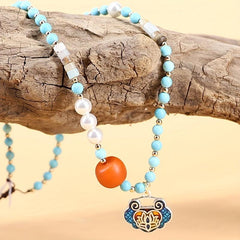 Lotus Pendant Pine Stone String Pearl Necklace