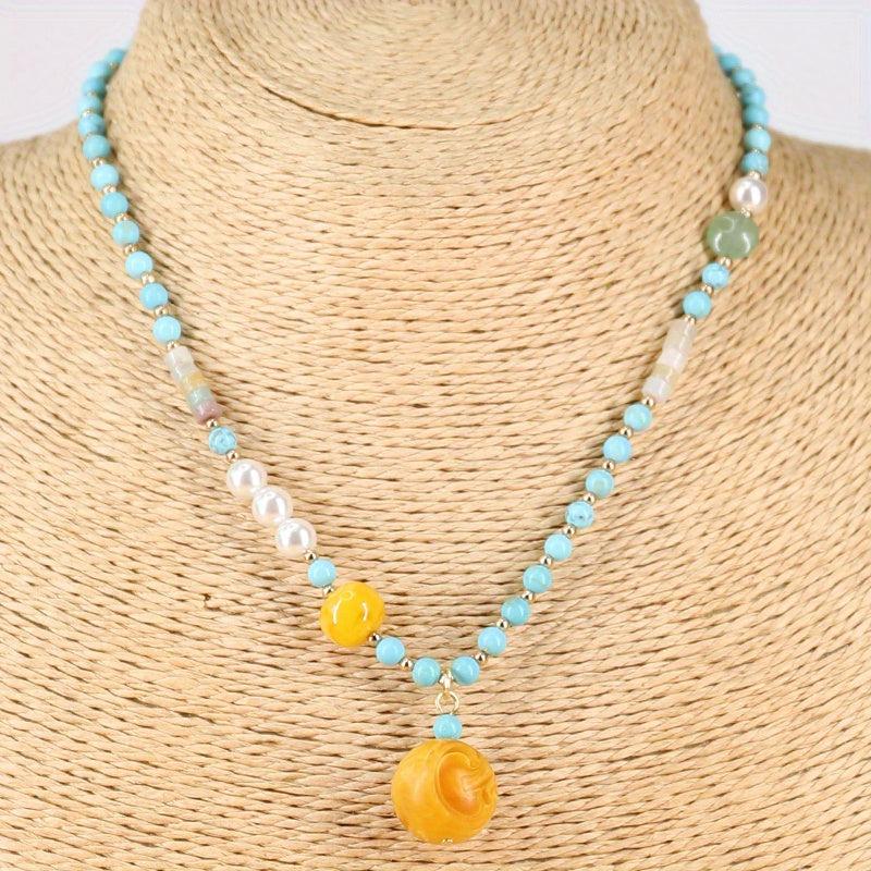 Lotus Pendant Pine Stone String Pearl Necklace