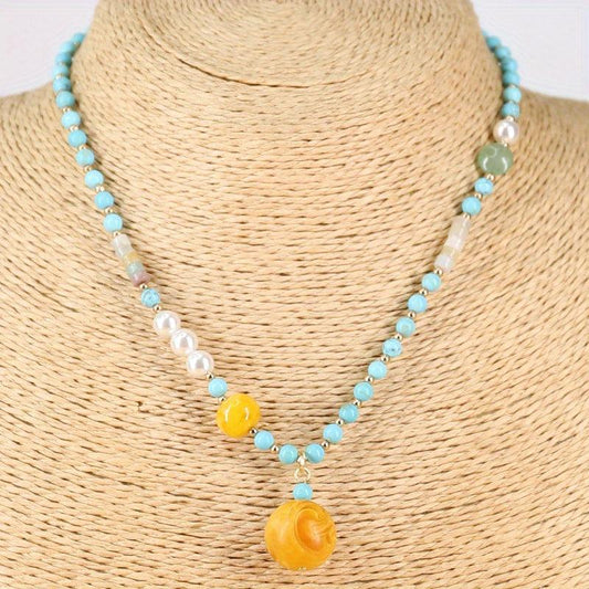 Lotus Pendant Pine Stone String Pearl Necklace