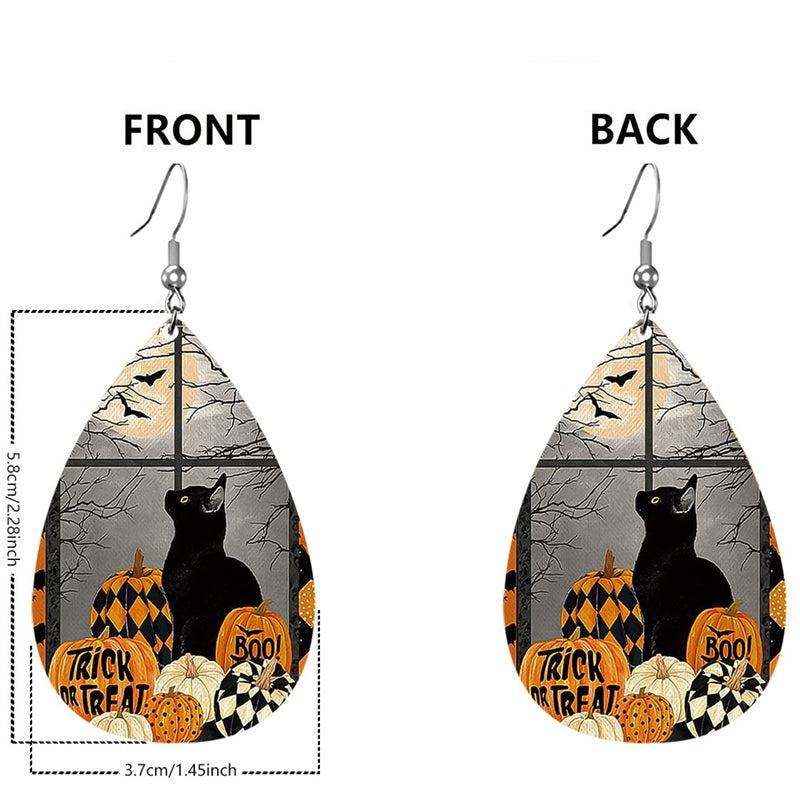 Halloween Pumpkin Cat Leather Dangle Earrings Lightweight Teardrop