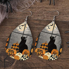 Halloween Pumpkin Cat Leather Dangle Earrings Lightweight Teardrop