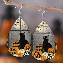 Halloween Pumpkin Cat Leather Dangle Earrings Lightweight Teardrop