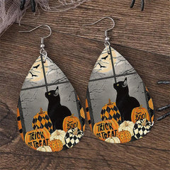 Halloween Pumpkin Cat Leather Dangle Earrings Lightweight Teardrop