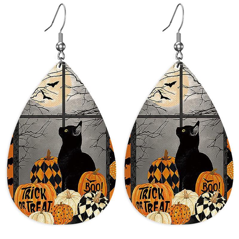 Halloween Pumpkin Cat Leather Dangle Earrings Lightweight Teardrop
