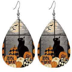 Halloween Pumpkin Cat Leather Dangle Earrings Lightweight Teardrop