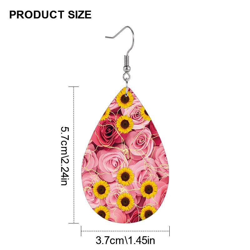 Pink Rose Sunflower Embossed Faux Leather Drop Earrings
