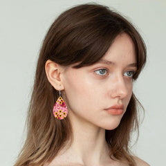 Pink Rose Sunflower Embossed Faux Leather Drop Earrings
