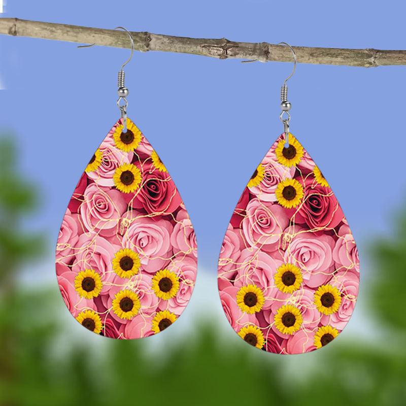 Pink Rose Sunflower Embossed Faux Leather Drop Earrings