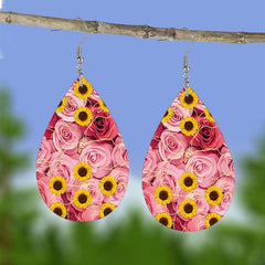 Pink Rose Sunflower Embossed Faux Leather Drop Earrings