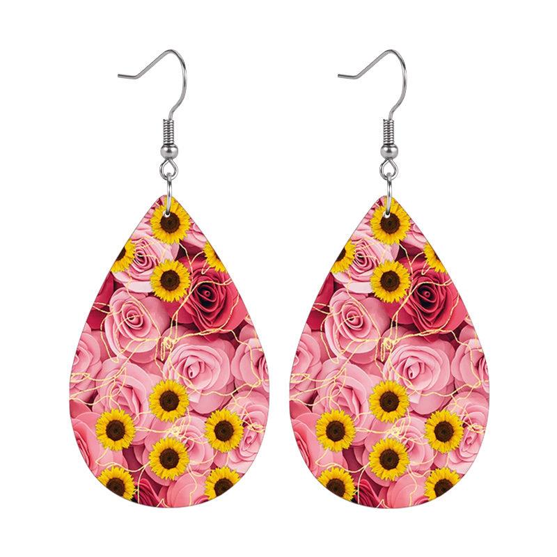 Pink Rose Sunflower Embossed Faux Leather Drop Earrings