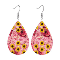 Pink Rose Sunflower Embossed Faux Leather Drop Earrings