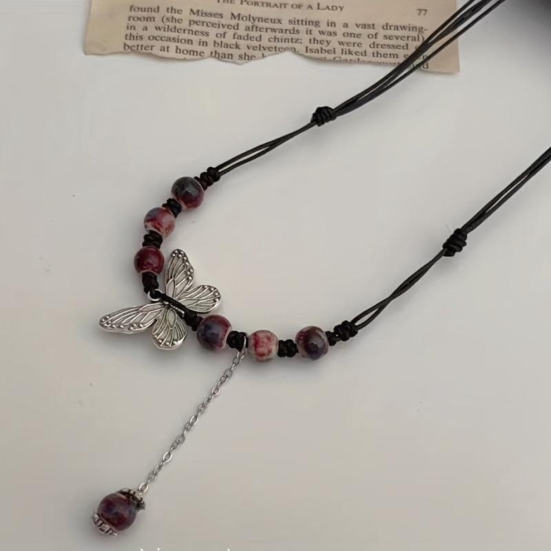 Hand Knit Beaded Butterfly Necklace with Tassel Chain Vintage Ethnic Style