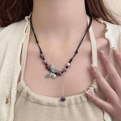 Hand Knit Beaded Butterfly Necklace with Tassel Chain Vintage Ethnic Style