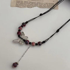 Hand Knit Beaded Butterfly Necklace with Tassel Chain Vintage Ethnic Style