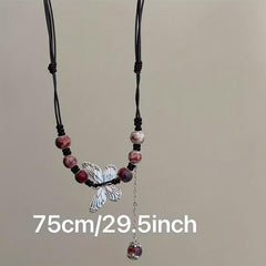 Hand Knit Beaded Butterfly Necklace with Tassel Chain Vintage Ethnic Style