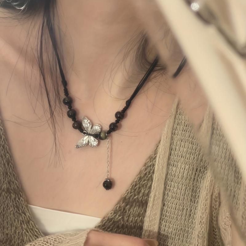 Hand Knit Beaded Butterfly Necklace with Tassel Chain Vintage Ethnic Style