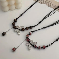 Hand Knit Beaded Butterfly Necklace with Tassel Chain Vintage Ethnic Style