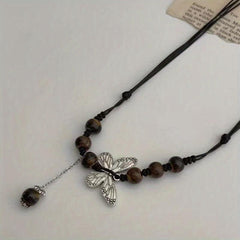 Hand Knit Beaded Butterfly Necklace with Tassel Chain Vintage Ethnic Style