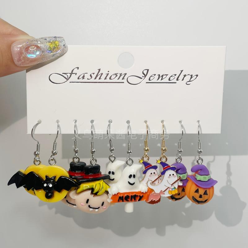 10pcs Halloween Funny Earrings Set Ghost Death Bat Pumpkin Head Devil