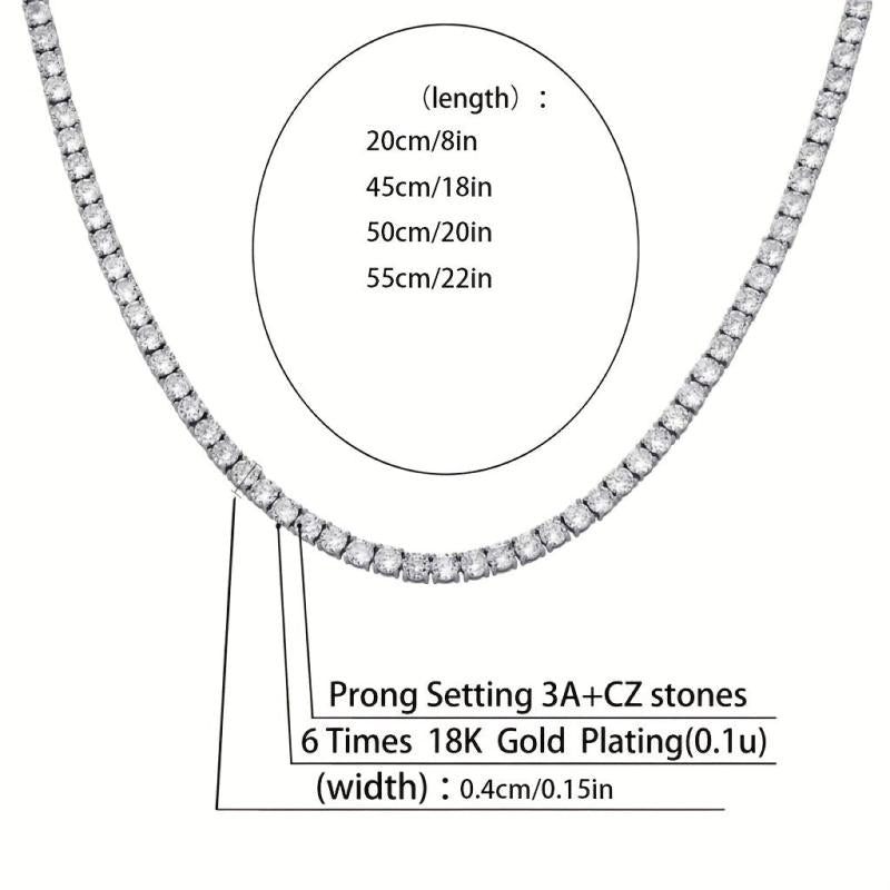 Hip Hop Tennis Chain Zircon Necklace Spring Buckle 3mm4mm5mm Wide
