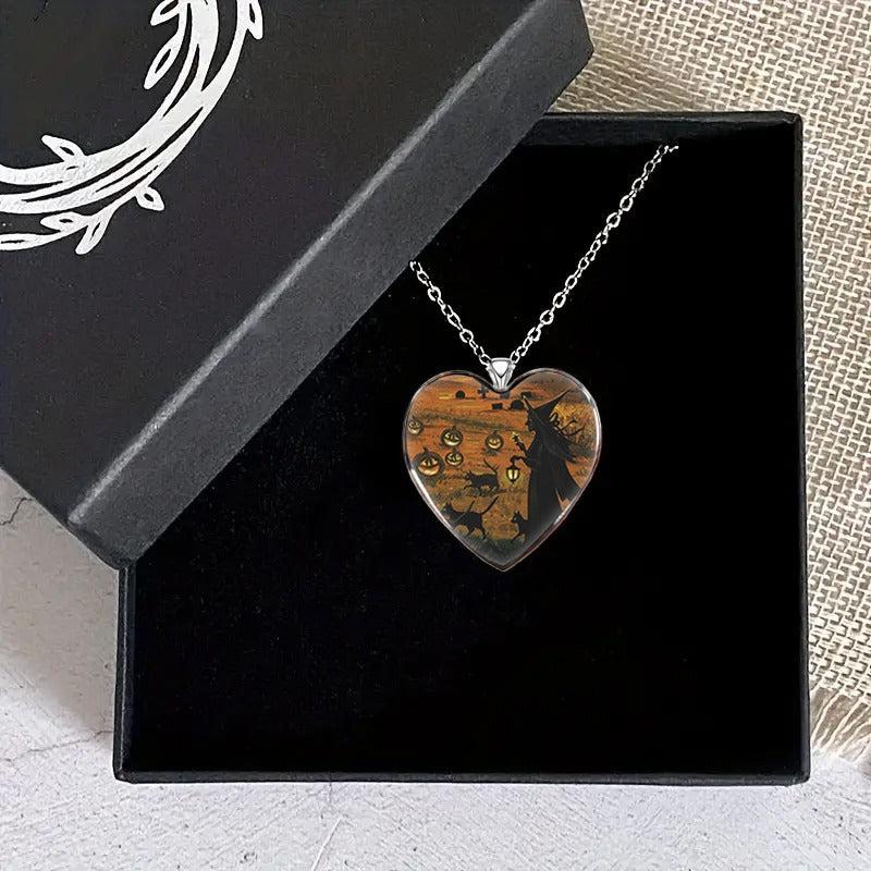 Dark Halloween Witch & Cat Necklace Heart Necklace Gift