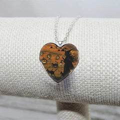 Dark Halloween Witch & Cat Necklace Heart Necklace Gift