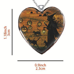 Dark Halloween Witch & Cat Necklace Heart Necklace Gift