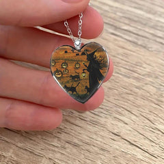 Dark Halloween Witch & Cat Necklace Heart Necklace Gift