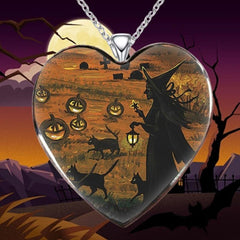 Dark Halloween Witch & Cat Necklace Heart Necklace Gift