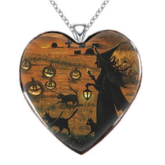 Dark Halloween Witch & Cat Necklace Heart Necklace Gift