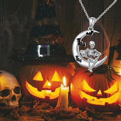 Gothic Pumpkin Skull Bat Moon Pendant Necklace