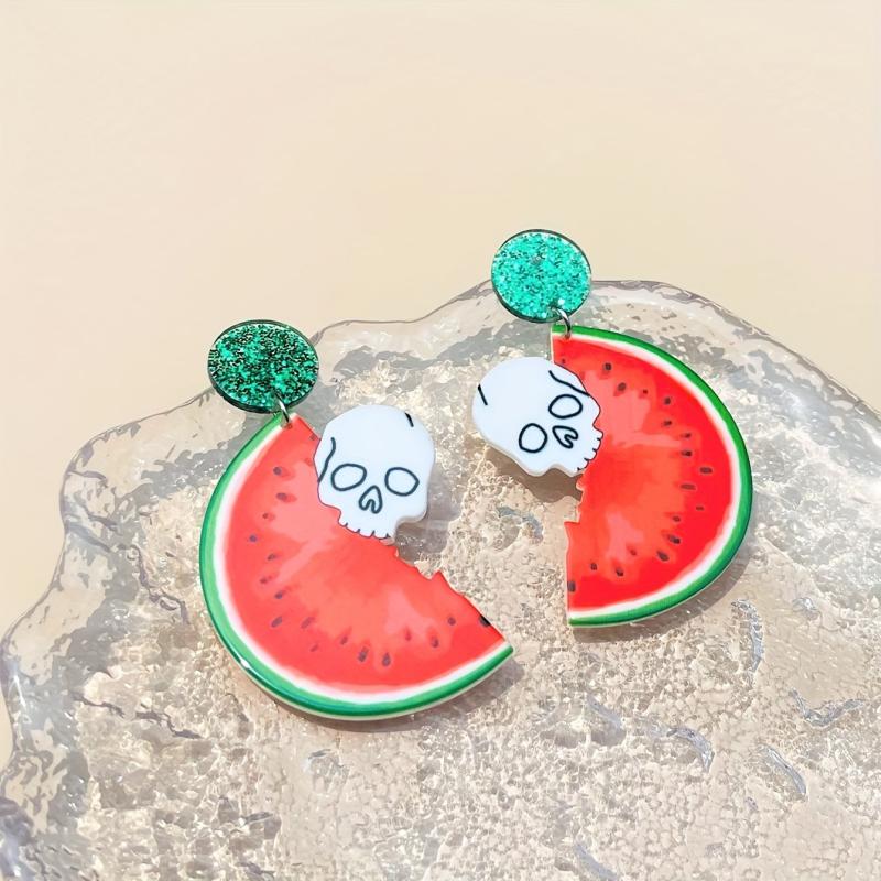 3 Pairs Halloween Skull Watermelon Dangle Earrings