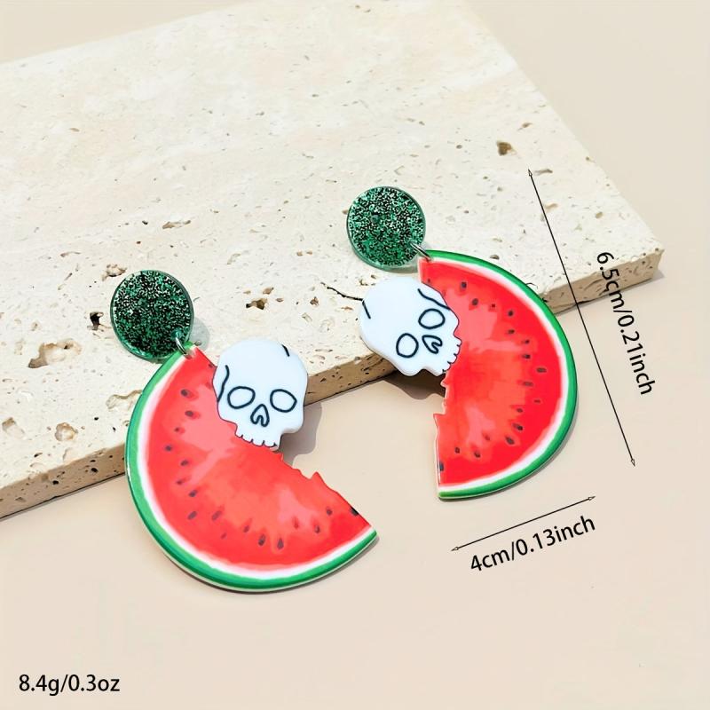 3 Pairs Halloween Skull Watermelon Dangle Earrings