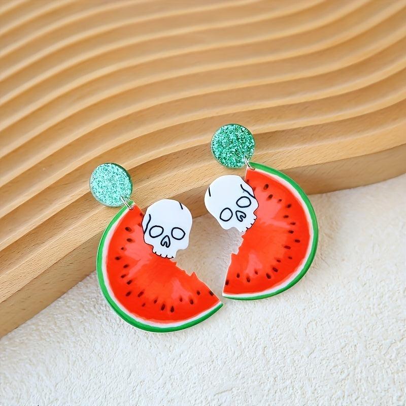 3 Pairs Halloween Skull Watermelon Dangle Earrings