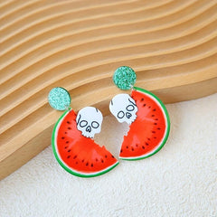 3 Pairs Halloween Skull Watermelon Dangle Earrings