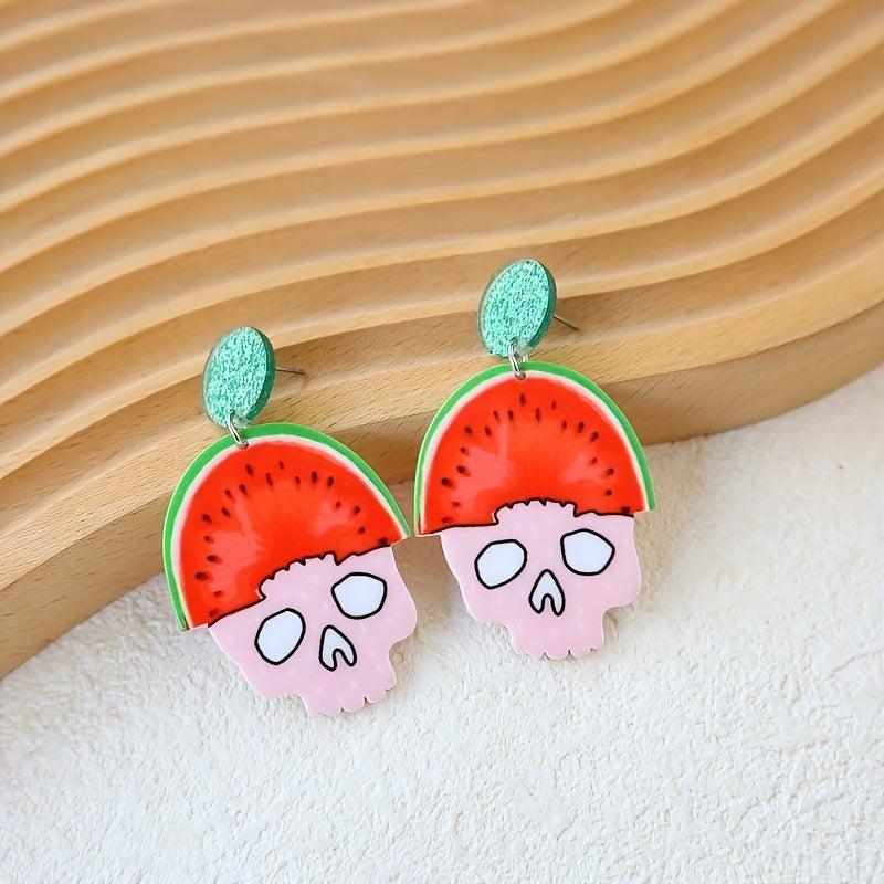 3 Pairs Halloween Skull Watermelon Dangle Earrings