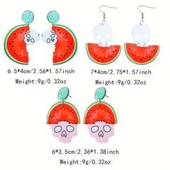 3 Pairs Halloween Skull Watermelon Dangle Earrings
