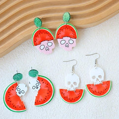 3 Pairs Halloween Skull Watermelon Dangle Earrings
