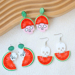 3 Pairs Halloween Skull Watermelon Dangle Earrings