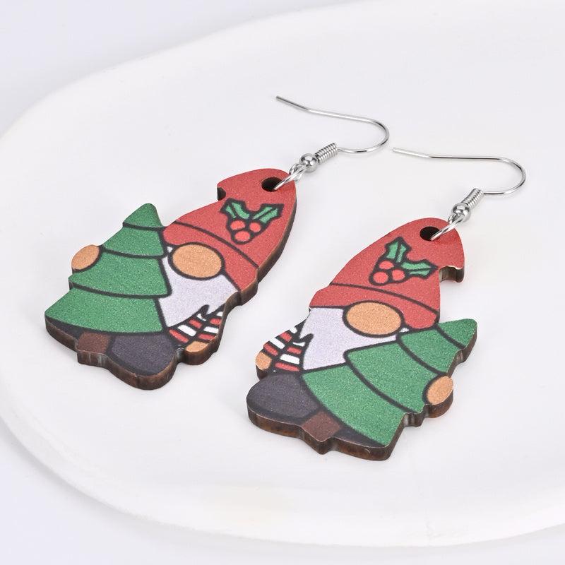 Santa Claus Christmas Tree Wooden Earrings Holiday Party Gift