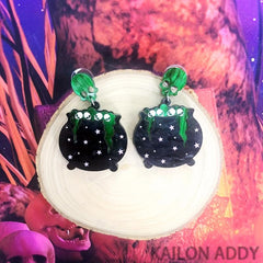 Skull Witch Pot Earrings for Halloween
