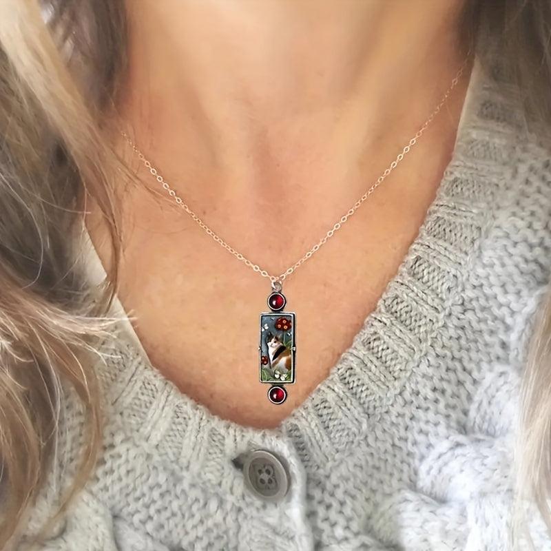 Kitten Pendant Necklace with Red Gemstone
